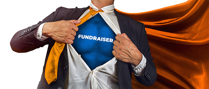 Superhero image with the word fundraiser on superhero's chest.