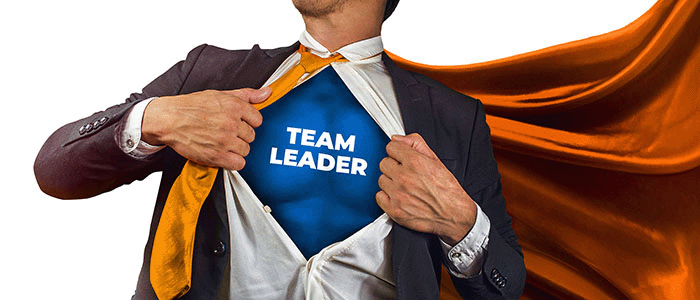 Superhero graphic with the word Team Leader on superhero's chest. 