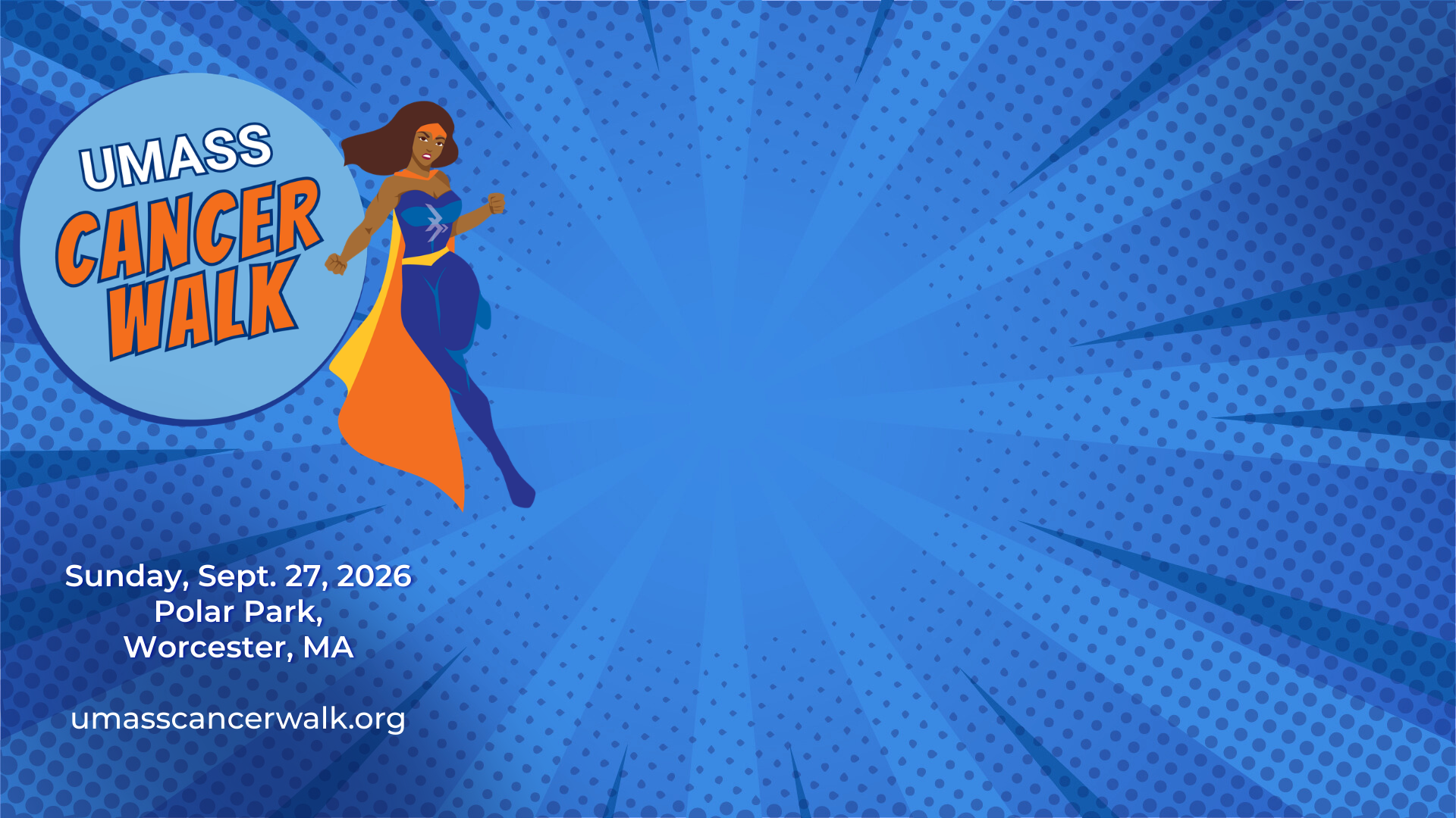  2026 UMass Cancer Walk Zoom background with female superhero